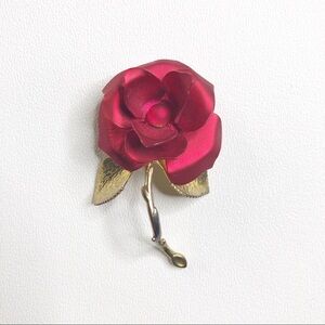 Vintage SATIN ENAMEL ROSE FLOWER BROOCH Signed USA
